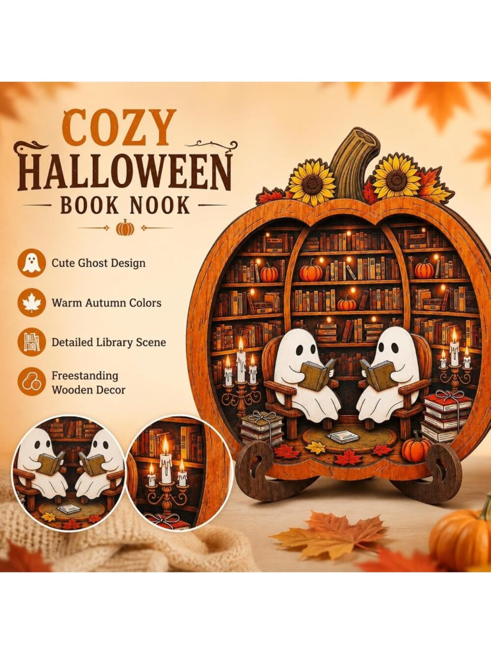 〽️Halloween Pumpkin Decor Cute Ghost Reading Book Wooden Bookshelf Cozy Library - Picture 4 of 6